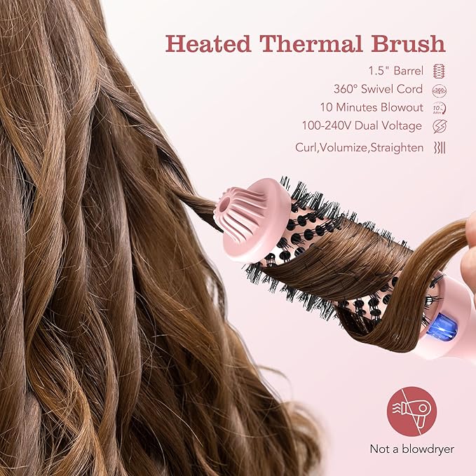 Thermal Brush, 1.5 inch Heated Round Brush Hair Curling Brush for Natural Curl, Straightener and Curler 2 in 1, Negative Ion Technology, 9 Temperature Settings, Dual Voltage for Travel, Pink