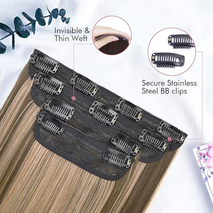 REECHO 24" Straight Long 4 PCS Set Thick Clip in on Hair Extensions Chocolate Brown with Blonde Highlights