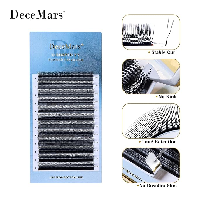 DeceMars 1400 Fans U Shaped YY Eyelash Extensions 2D Premade Natural Soft Handwoven Eye Lashes Y Shape Lash Extensions 12 Rows Volume Crisscross Eyelashes Black Mesh Wispy Clusters (UU-0.07-D-15mm)