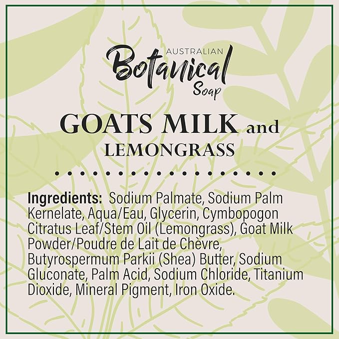 Australian Botanical Soap, Goat Milk Soap and Lemongrass, 6.6 oz. Bars, Triple Milled Body Cleanser, Made in Australia with African Shea Butter and Native Goat Milk, All Skin Types, Pack of 8