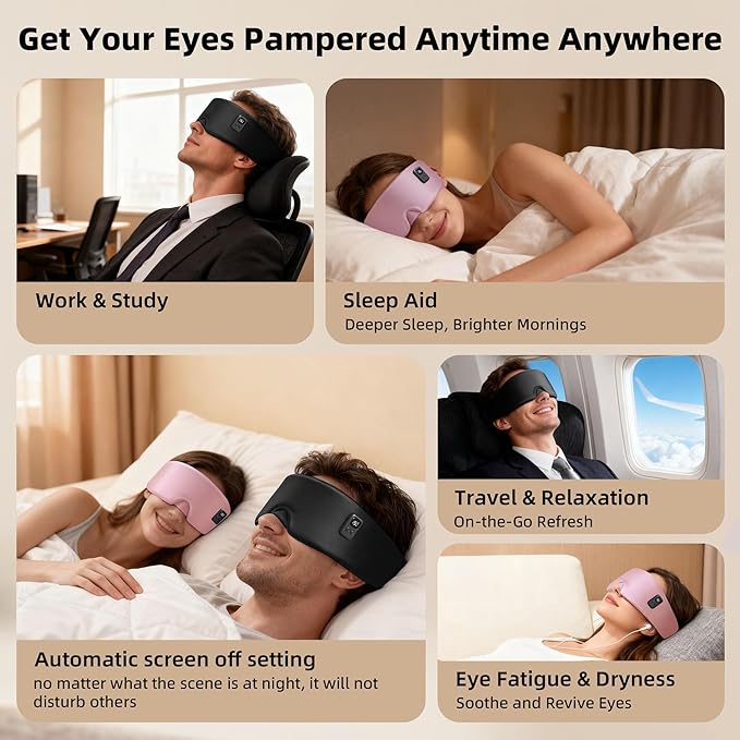 Heated Eye Mask for Dry Eyes, Cordless Warm Eye Compress 120-Min Battery, FSA - HSA Eligible, Eye Strain Relief, Washable Silk Travel Eye Mask with Extra Cover for Better Sleep (Pink & Black)