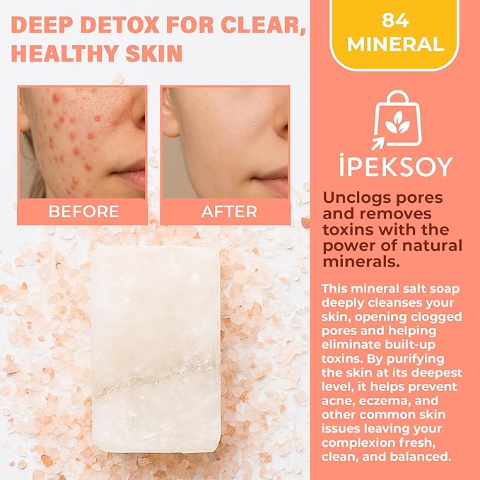 ipeksoy Natural Salt Soap Bar – Purifying and Exfoliating Organic Unscented Bar Soap for Men & Women – Pure Mineral Rock Salt Soap for Gentle Skin Care and Odor Control (Salt (4 Pieces))