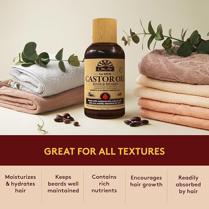 OKAY | Men's Castor Oil Beard and Hair Growth Oil | For All Hair Types & Textures | Stimulates Hair Growth | Readily Absorbed | Free of Silicone & Paraben , Brown , 4 oz