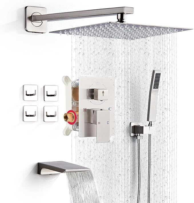 LCEVCGK Shower Faucet Set Complete with Tub Spout Shower System Wall Mounted with 12 inch Rainfall Shower Head and Handheld Shower Rain Shower Combo for Bathroom, Brushed Nickel