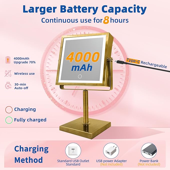 RUACQ Rechargeable Makeup Mirror, 4000mAh Lighted Makeup Mirror with Magnification 1X/10X, Height Adjustable vanity mirror with lights, 3 Color light, Adjustable Brightness,360°Rotation(Antique Brass)