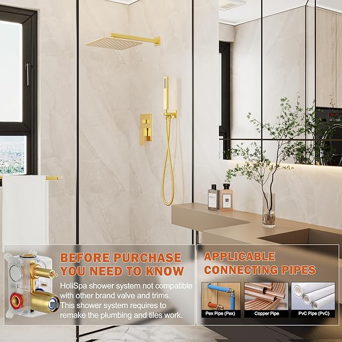 HoliSpa Gold Shower System, Shower Faucet Set with 10-Inch Rain Showerhead and Handheld Spray, Wall Mounted High-Pressure Showerhead Combo Set Included Valve and Trim, Brushed Gold