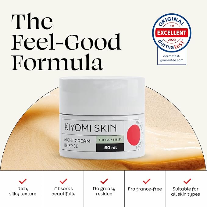 Kiyomi Skin Night Cream Intense - Overnight Face Cream with 5-ALA, Resveratrol, Ceramides, Peptides - Anti-Aging Facial Moisturizer for Fine Lines, Wrinkles, Skin Barrier - German Made - 1.7 Fl Oz