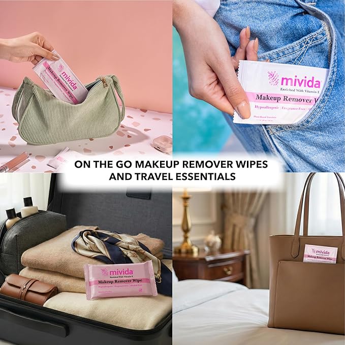mivida Hypoallergenic Makeup Remover Wipes Individually Wrapped with Vitamin E, Alcohol Free, Fragrance Free Make up Remover Wipes for Face, Gentle for Sensitive Skin, Plant-Based 40 x 5 (total 200ct)