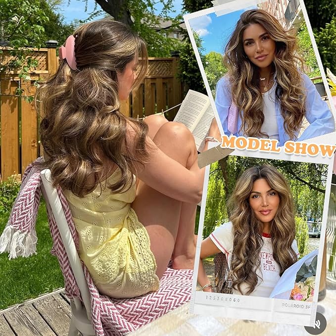 ALXNAN Long Wavy Layered Hair Extensions for Women, Clip in Hair Extensions Clip Ins Soft Full Head Synthetic Hairpieces 20 Inch Brown with Highlights