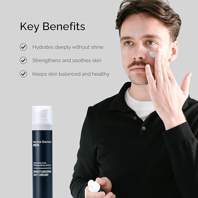Nordisk Element Men’s Moisturizing Day Cream | Deep Hydration Mens Face Moisturizer with Hyaluronic Acid & Rowan Berry | Lightweight Non-Greasy Face Cream for All Skin Types, Vegan & Clean, 1.7oz