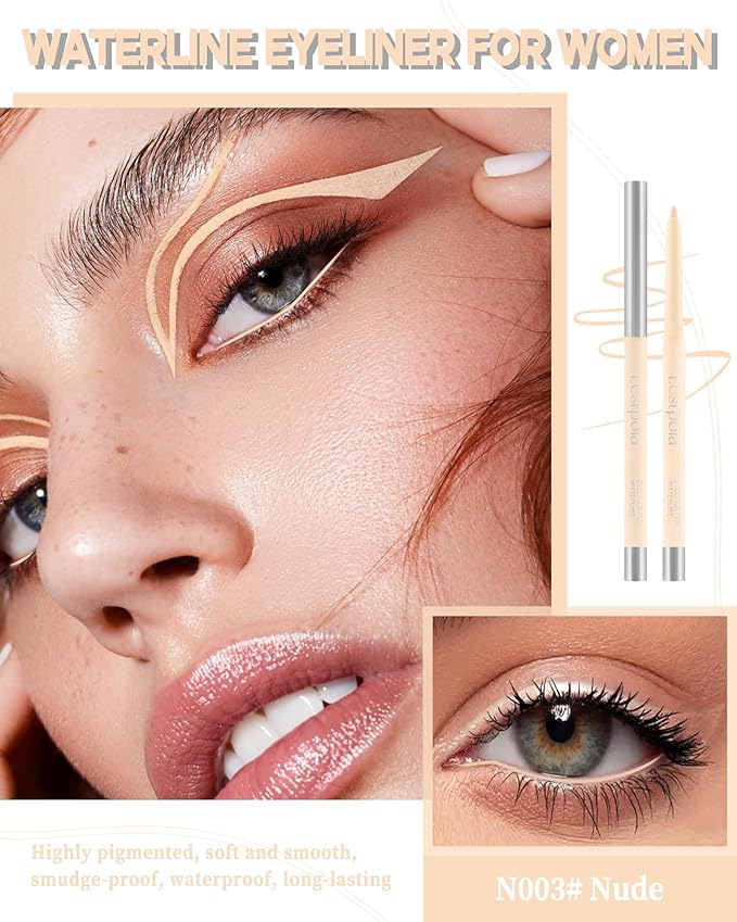 Nude Gel Waterline Eyeliner, Glides on Smooth Eyeliner Pencil, Matte Cream Soft Texture, Waterproof Smudge-Proof Long Wear Eye Liner, Retractable Beige Eye Liner Brightener Pen with Sharpener(2Pcs)