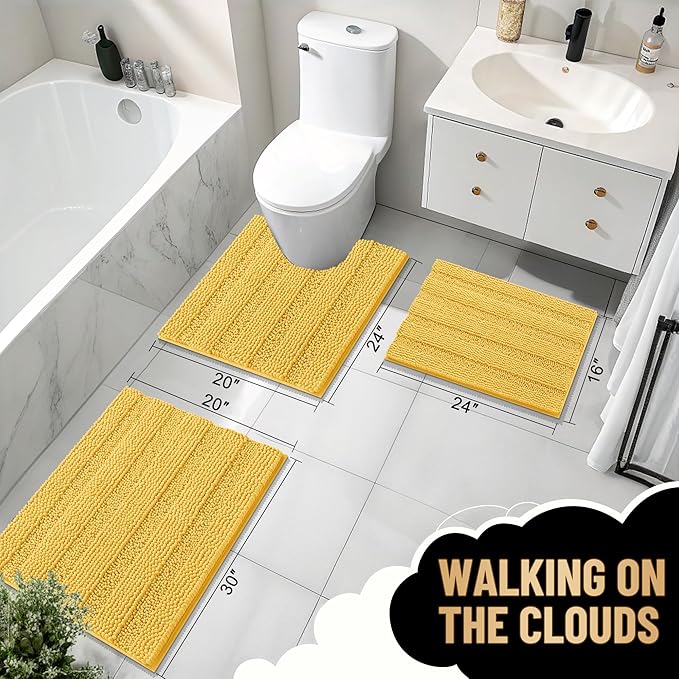 OLANLY Thick Bathroom Rugs 30x20, Extra Soft Absorbent Chenille Striped Bath Rugs, Rubber Backing, Machine Wash Dry, Bath Mats for Bathroom Floor, Tub and Shower, Home Decor Accessories, Yellow