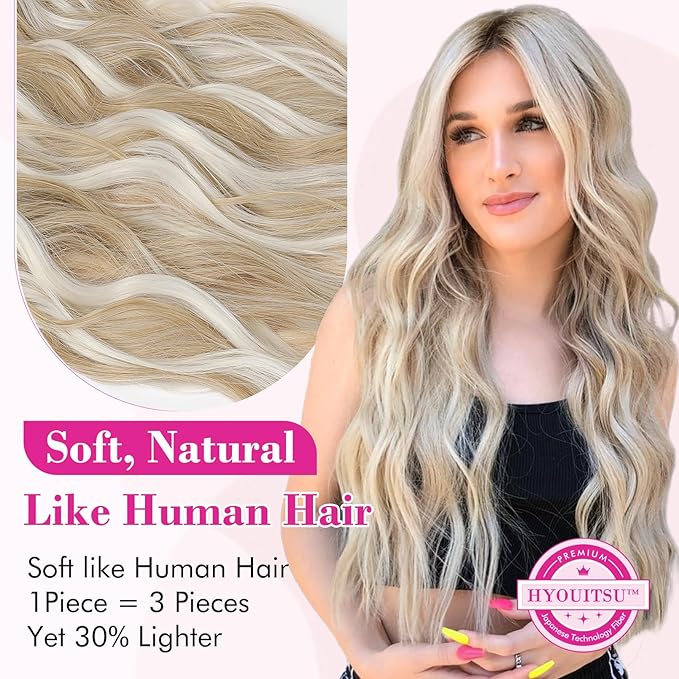 REECHO Blonde Hair Extensions, 20” One Piece Clip in Hair Extensions Thick Long Beach Wavy Natural Soft Synthetic Hairpieces for Women, Ash Blonde with Highlights