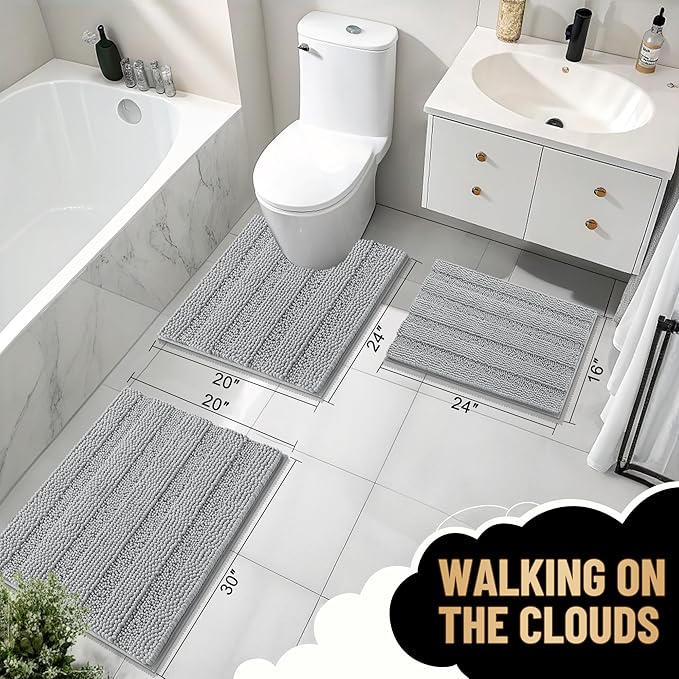 OLANLY Thick Bathroom Rugs 47x20, Extra Soft Absorbent Chenille Striped Bath Rugs, Rubber Backing, Machine Wash Dry, Bath Mats for Bathroom Floor, Tub and Shower, Home Decor Accessories, Light Grey