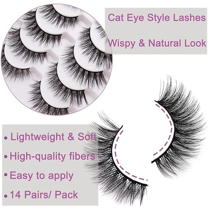 Losha Eyelashes Natural Look Faux Mink Lashes Pack Handmade Wispy False Eyelashes 14 Pairs Cat Eye Lashes (Y52)