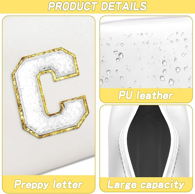URSKYTOUS Gifts for Girls Initial Makeup Bag Personalized Cosmetic Bag with Zipper Cute Travel Toiletry Bags Waterproof PU Preppy Makeup Pouch Birthday Gift for Teen Girls Women(White C)