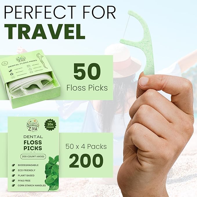 Biodegradable Mint Dental Floss Picks – 200 Count (4 Packs of 50) | PFAS‑Free | Shred‑Resistant Mint Thread | Unbreakable Corn‑Starch Handle | for Tight Teeth & Daily Oral Care