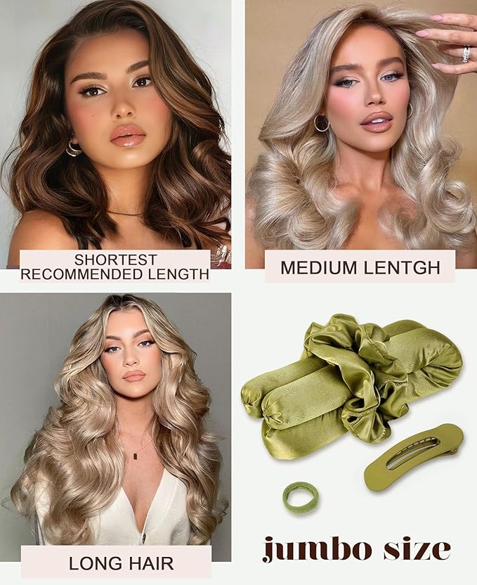Jumbo Flexi Rods Hair Rollers Curlers to Sleep In Soft Satin Heatless Curling Rod Set, Heatless Curls Overnight Blowout Rods for Long Hair No Heat Overnight Curls, Heatless Hair Curler Curling Iron