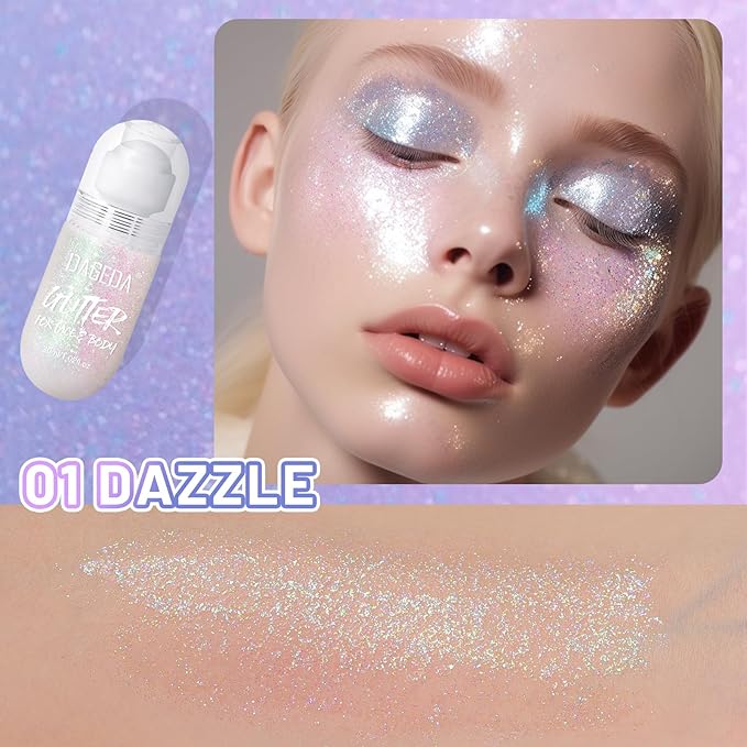 DAGEDA Body Glitter Gel, Roll-on Face Glitter for Mermaid Makeup Festival Rave Accessories, Holographic Hair Glitter Gel,Body Shimmer Halloween Makeup for Rave Party (Dazzle)