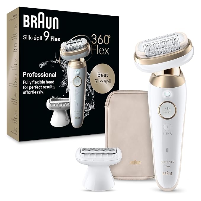 Braun Silk-épil 9 Flex Epilator, 360 Flex and Pivoting Head, Wet and Dry, Includes Shaver Head, Trimmer Comb, SES9-041 3D, Tinted Gold, Holiday Gifts for Women