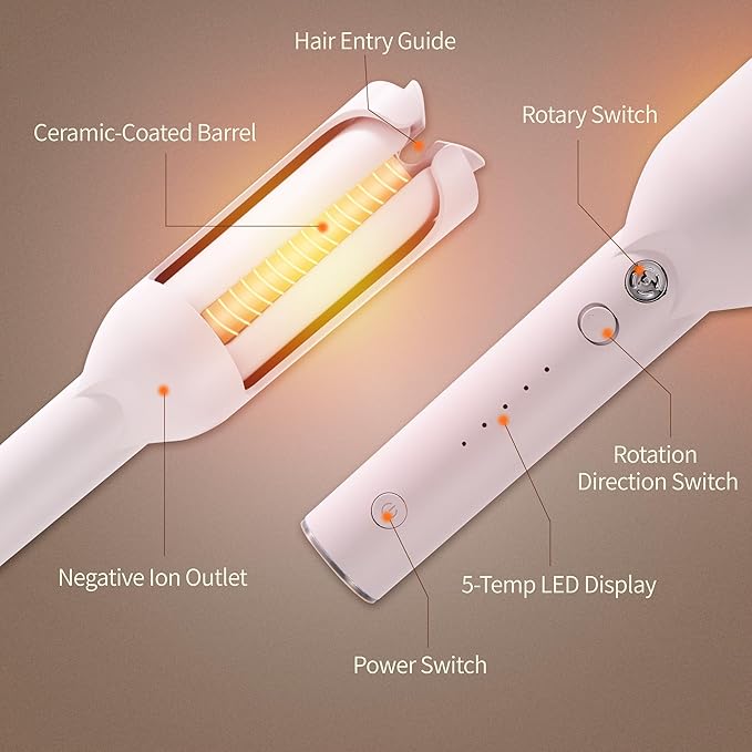 Upgraded Automatic Rotating Curling Iron - CurlPro Plus Long Barrel Curling Wand for Long Hair, Ceramic Hair Curler for Women, Anti-Scald, Tangle-Free, 600M Ionic, Dual Voltage (Misty Rose)