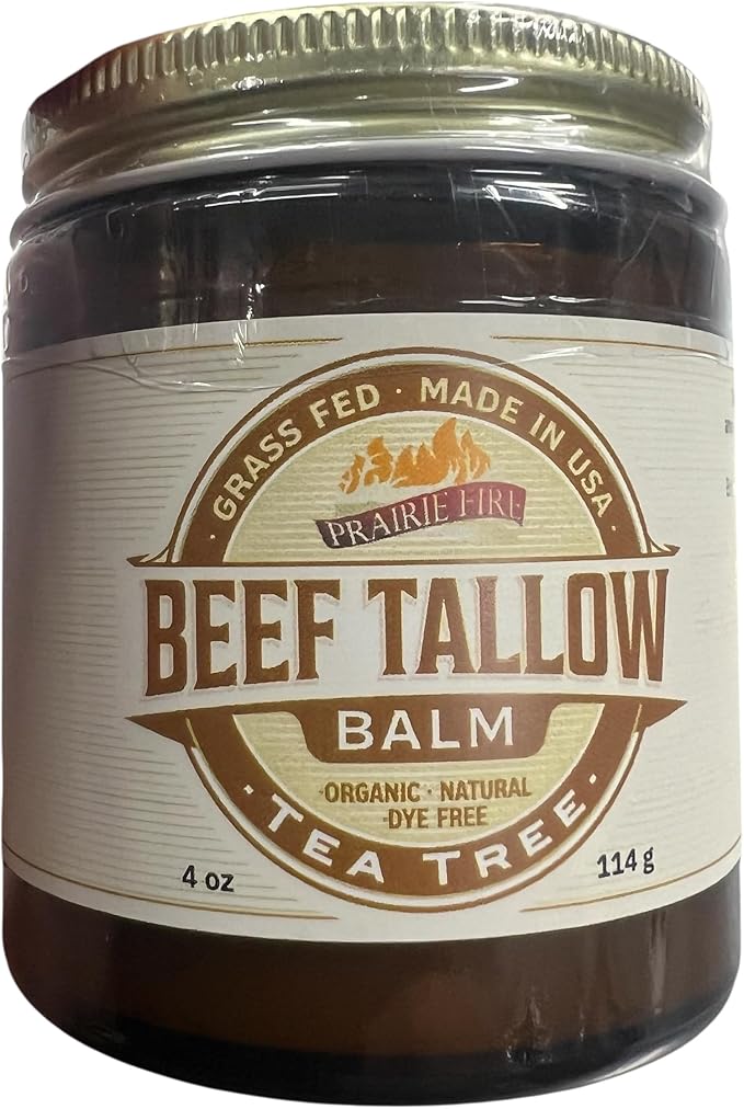 Prairie Fire Candles Grass Fed Beef Tallow Balm - 4 oz - Made in USA - Organic Grass Fed and Finished Tallow - Moisturizing Skin Care Tea Tree