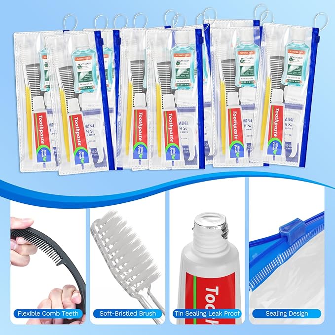 Personal Hygiene Kit Bulk Pack of 100,Yellow Basic Travel Toiletry Set Disposable Toothbrushes with Toothpaste Mouthwash Floss Comb Cover and Zip Bag for Homeless,Charity,Guests