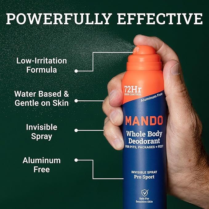 Mando Whole Body Deodorant For Men - Invisible Spray Deodorant - 72 Hour Odor Control - Low Irritation Formula - Aluminum Free, Benzene Free - 3.6 ounce - 3pk - Bourbon Leather, Mt Fuji, Pro Sport