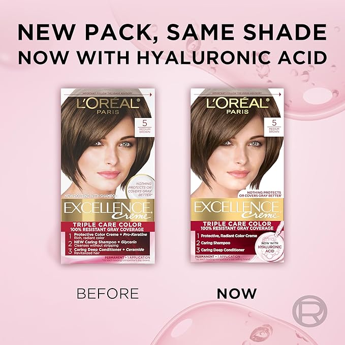L'Oreal Paris Excellence Crème Permanent Hair Dye, Triple Care Hair Color with Hyaluronic Acid for 100% Gray Coverage, 5 Medium Brown, 1 Kit (Pack of 2) (Packaging May Vary)