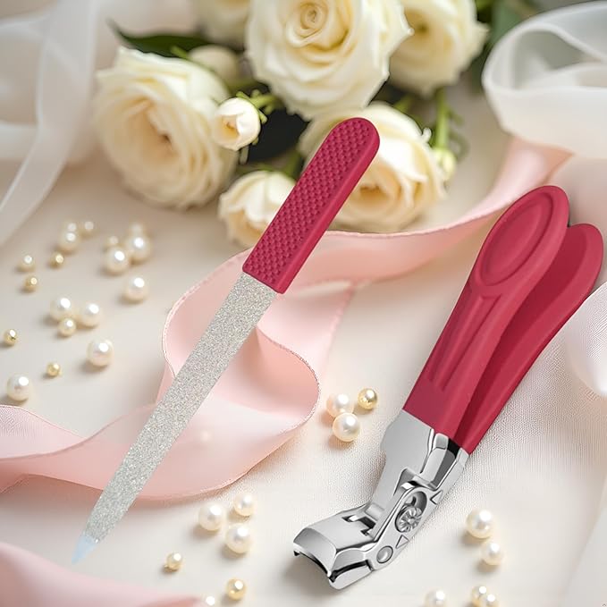 Professional Ruby Red Angled Nail Clippers for Seniors – 5'' Elegant Thick Toenail Clipper with Nail File, Ultra-Sharp Blades, Nail Catcher, Easy Grip & Safe Home Manicure & Pedicure Care Tool