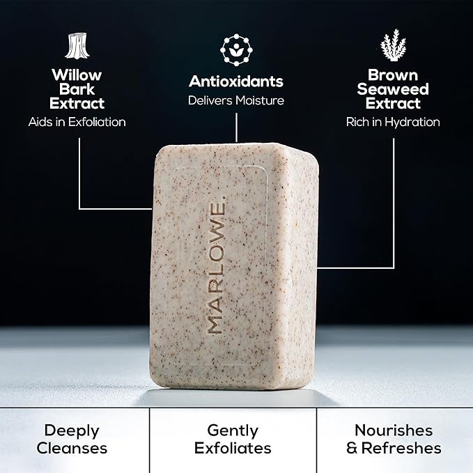 MARLOWE. No. 102 Body Scrub Soap 7 oz (6 Bars), Santal, Exfoliating Soap Bar with Shea Butter, Olive Oil & Green Tea Extracts, Cleanses, Smooths & Revitalizes Skin, Warm Amber, Spice & Citron Scent