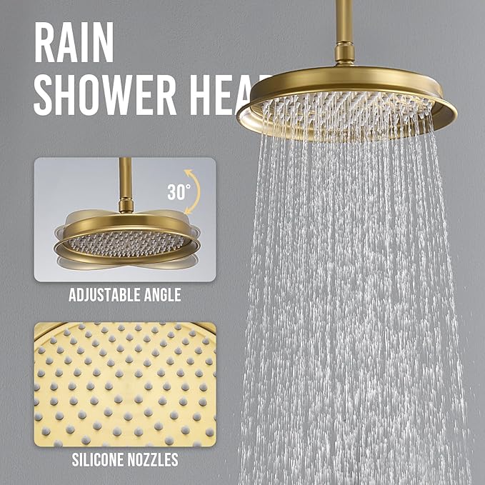 DASAN Antique Shower Faucet Sets Complete Rain Shower System in Wall with Body Shower Spray Jets, Brushed Gold Shower Fixtures with Rainfall Overhead Shower, Handheld, Shower Valve &Trim, AT249C-BTG