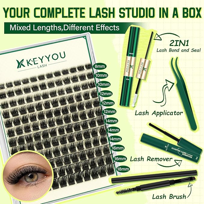 DIY Lash Extension Kit KEYYOU 144pcs Lash Clusters Eyelash Extension Kit with Mascara Brush Bond and Seal Lash Remover Lash Applicators Lash Brush for DIY Lash Extensions (Y12 Kit)