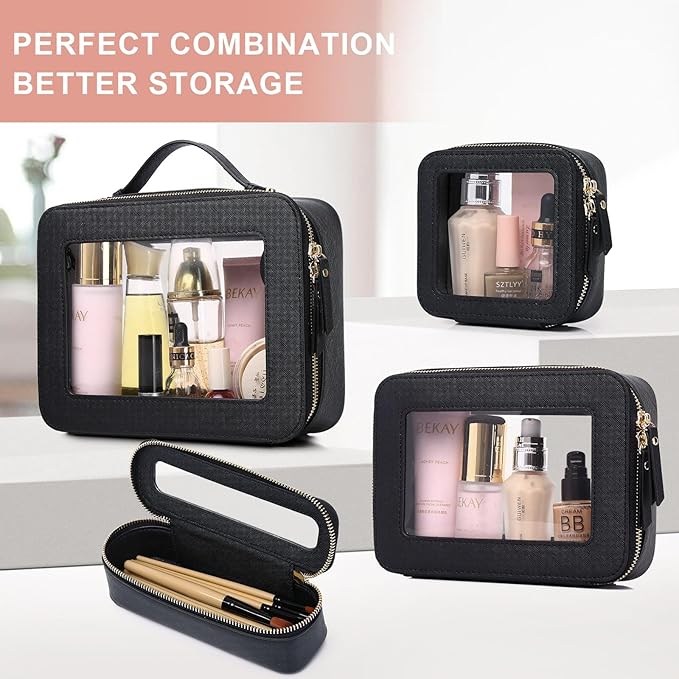 Pinkmik Clear Makeup Bag Waterproof Travel Case for Cosmetics and Toiletries Women's Purse Organizer and Clear Car Bag with Zipper (Black, M+MINI)
