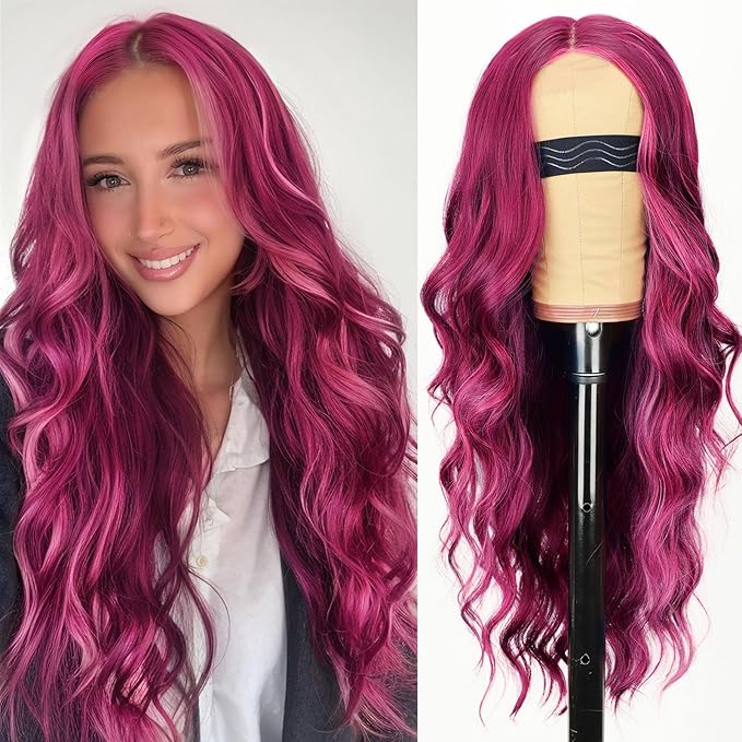 AISI HAIR Burgundy Mixed Rose Red Wig for Women, Long Wavy Lace Hairline Middle Part Synthetic Heat Resistant Wig for Daily Party-26 Inch
