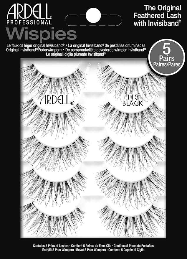 Ardell Wispies False Eyelashes 113 - Black, Natural Look Wispy Lashes, Soft & Lightweight Strip Lashes, 5 Pairs, 1 Pack