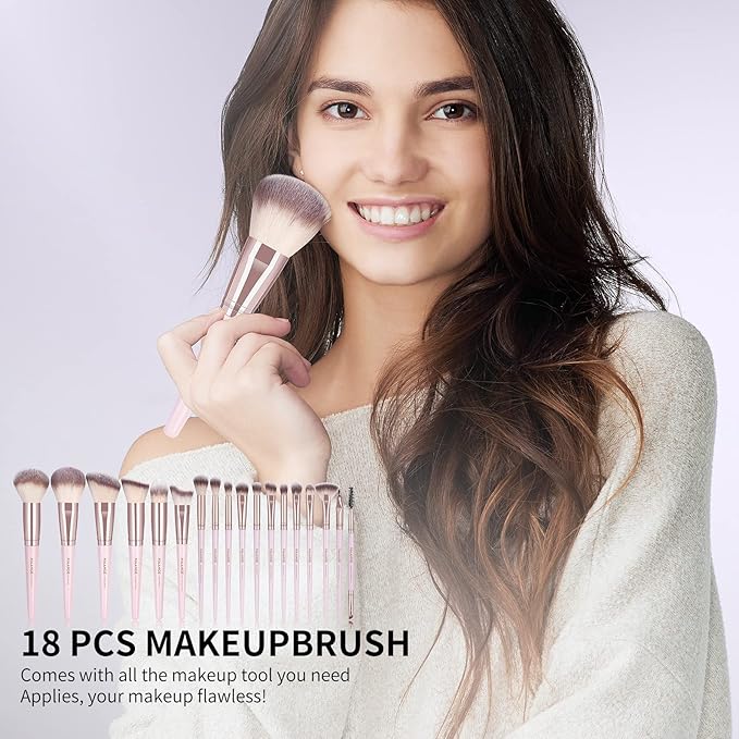 Makeup Brushes, 18 Pcs Professional Premium Synthetic Makeup Brush Set with Case, Foundation Kabuki Eye Travel Make up Brushes sets (Pink Gold)
