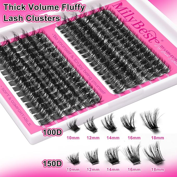 MilyBest Lash Clusters Kit 100D 150D Fluff Cluster Eyelash Extensions 10-18mm Individual Lashes Clusters D Curl Lash Extension Kit, Waterproof Thick Volume Eyelash Clusters with Bond & Seal, Tweezers