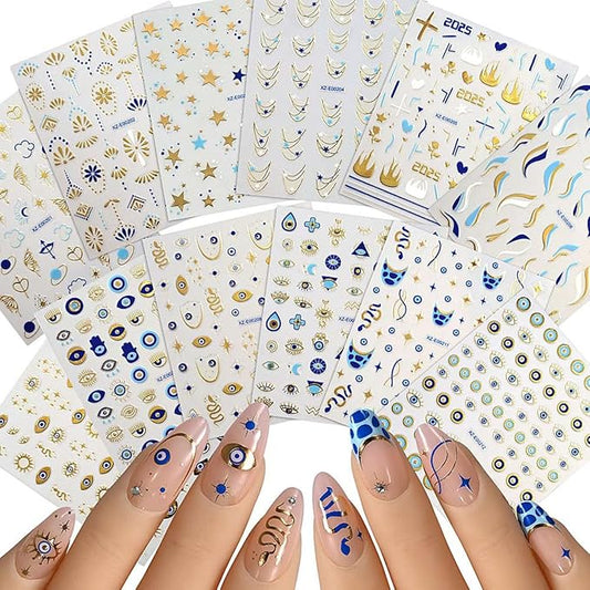 12 Sheets Evil Eye Nail Stickers for Nail Art Star Nail Stickers Moon Nail Decals Snake Self Adhesive Nail Art Supplies for Women Girls Kid DIY Nail Art Decorations