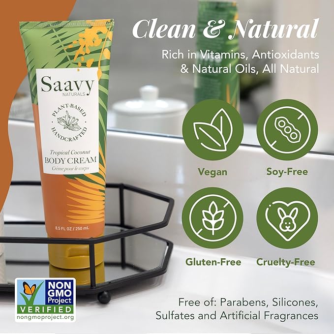 Saavy Naturals Body Cream Tropical Coconut Plant-Based Ingredients| Made In USA | Absorbent Shea Butter Vegan Formula, Thick and Creamy Body Moisturizer, Body Lotion for Dry Skin- 8.5 Fl Oz, 2 Pack
