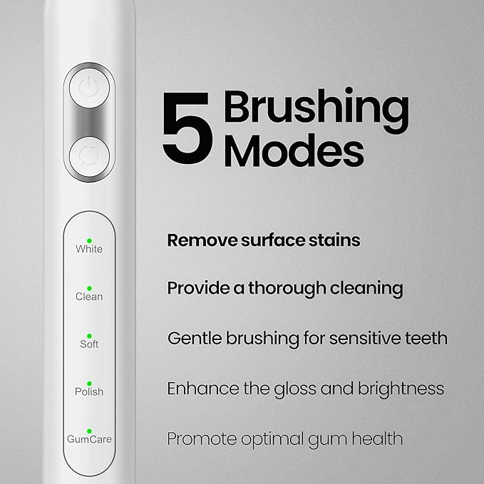 YUNCHI Electric Toothbrush Birthday/Valentine Plastic 8 Heads 24-Mo Deep Cleans Gentle Gums Removes Stains 3Hr USB-C 90d 2-Min Timer/30s IPX7 - White