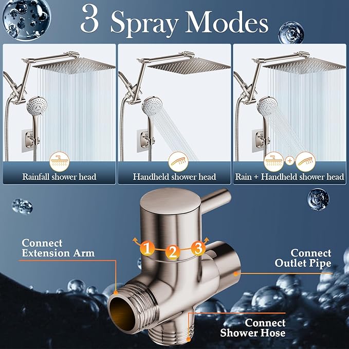12'' Rain Shower Head Combo, High Pressure Rainfall Shower Head with 16'' Flexible Height/Angle Adjustable Extension Arm, 5 Setting Spray Hand held Shower Head, Nickel