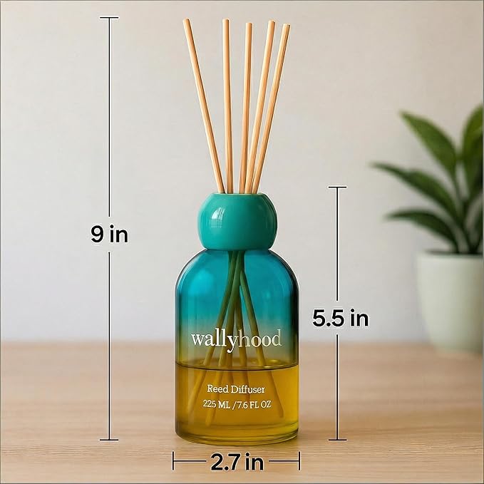 Reed Diffuser Set 7.6 fl oz (225ml) – Extended Flameless Home Fragrance for Bathroom, Bedroom & Living Room – Yellow Green Gradient Glass Decorative Reed Diffuser, Pet Friendly, Gift Ready