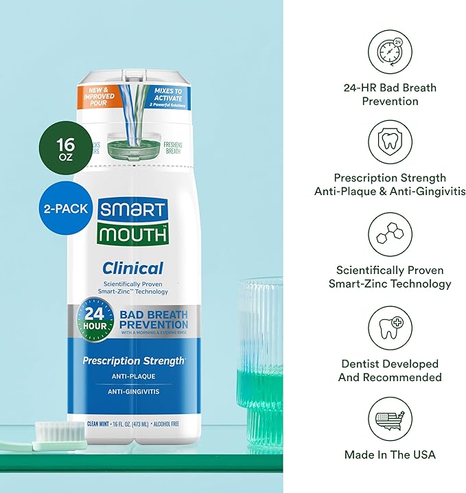 SmartMouth Clinical Zinc Activated Mouthwash - Anti-Plaque & Anti-Gingivitis for Healthy Gum Support - All-Day Fresh Breath - Alcohol-Free, Sugar-Free, & Gluten-Free - Clean Mint - 16 fl oz (2 Pack)