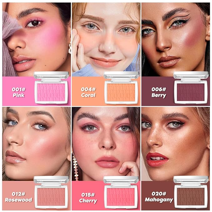 Cherry Blush Powder Blush for Cheeks with Brush, Matte Blush Palette Blush Powder Face Blusher, Natural Blendable Formula Silky Lightweight Makeup Blush Rubores de Maquillaje, 015#