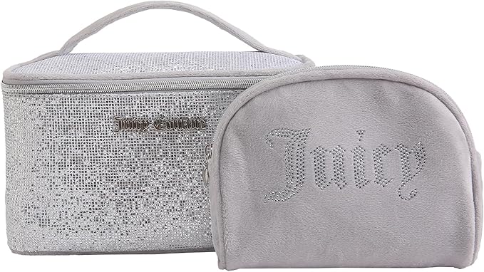 Juicy Couture Silver Sparkle Makeup Bag Set Cosmetics Organizer Travel Essentials Train Case Coin Purse Glitter Rhinestone Velour