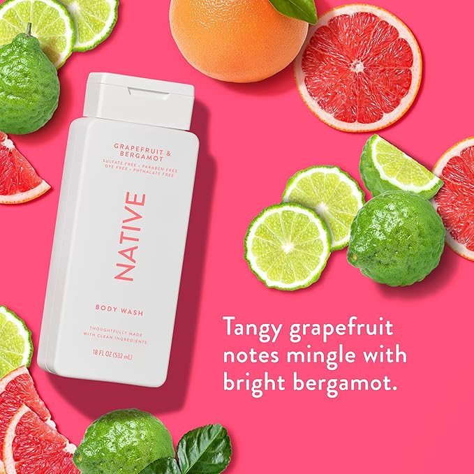 Native Body Wash Contains Naturally Derived Ingredients | For Women & Men, Sulfate, Paraben, & Dye Free Leaving Skin Soft and Hydrating | Grapefruit & Bergamot 18 oz - 2 Pk