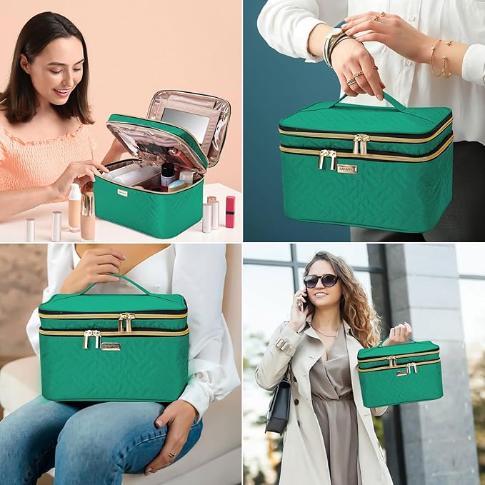 BAFAMYE 8.8L Double Layer Travel Makeup Bag With Mirror For Women, Large Cosmetic Case, Organizer for Travel-Size Accessories Bottles, Brushes,and Skin Care Products, 2.33 GAL, Green…