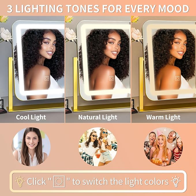 HNV 15"x13" Gold Vanity Mirror with Lights, Small LED Makeup Mirror for Desk, 3 Color Modes & Dimmable Touch Control, 360° Rotation Metal Frame, USB Plug-in Lighted Mirror for Bedroom, Dorm, Teen Gift