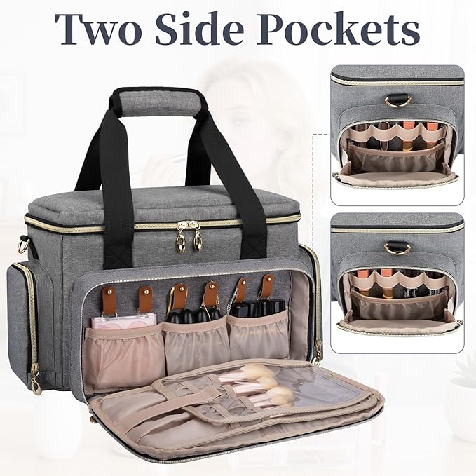 GDNasist Large Makeup Bag, Portable Travel Makeup Bag Organizer for Women Girls with 2 Removable Pouches & Detachable Dividers, Cosmetic Travel Bag, Toiletry Bag for Makeup and Hair Supplies Grey